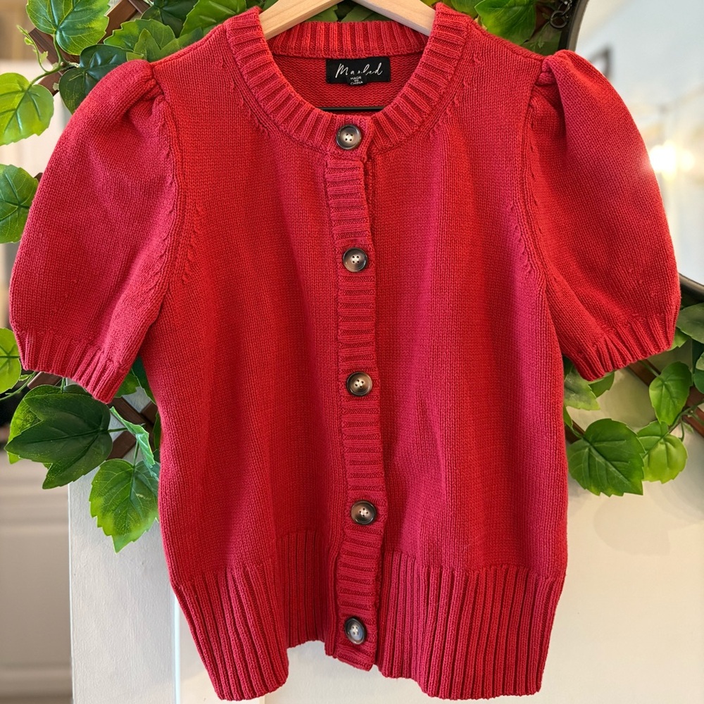 [NWOT] Marled Puff Sleeve Button-Front Knit Cardigan – Cherry Red (Never Worn) - Picture 5 of 9